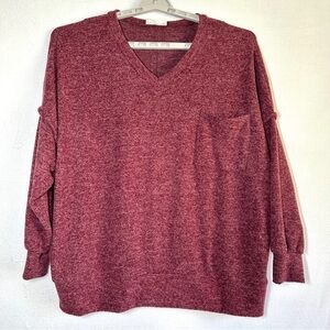 Zenana Burgundy Pullover Top Sweater L Stretchy Drop Shoulder Soft Long Sleeve